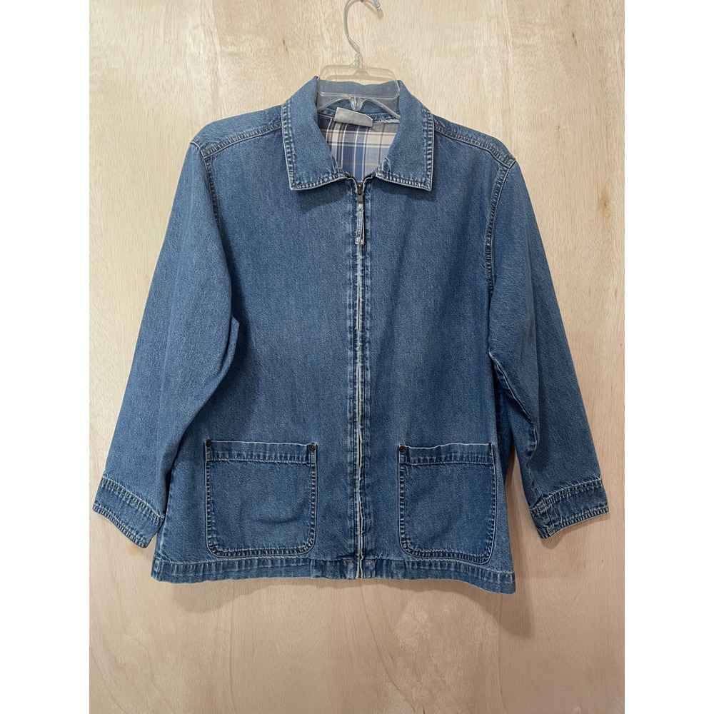 Vintage Erika & Co Petites Blue Denim Zip Up Jacket Plaid Lined Chore Coat